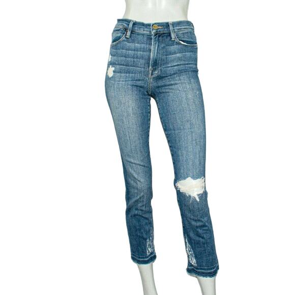 FRAME Denim Le High Straight Jeans Cropped Ripped Alpine Peak size 27 - Picture 2 of 11